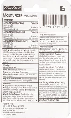 ChapStick Moisturizer 2-in-1 Lipcare SPF 15, Original, Black Cherry, Cool Mint, 6-Pack – Sunscreen Lip Balm with Aloe Vera and Vitamin E, 0.15 Oz Ea