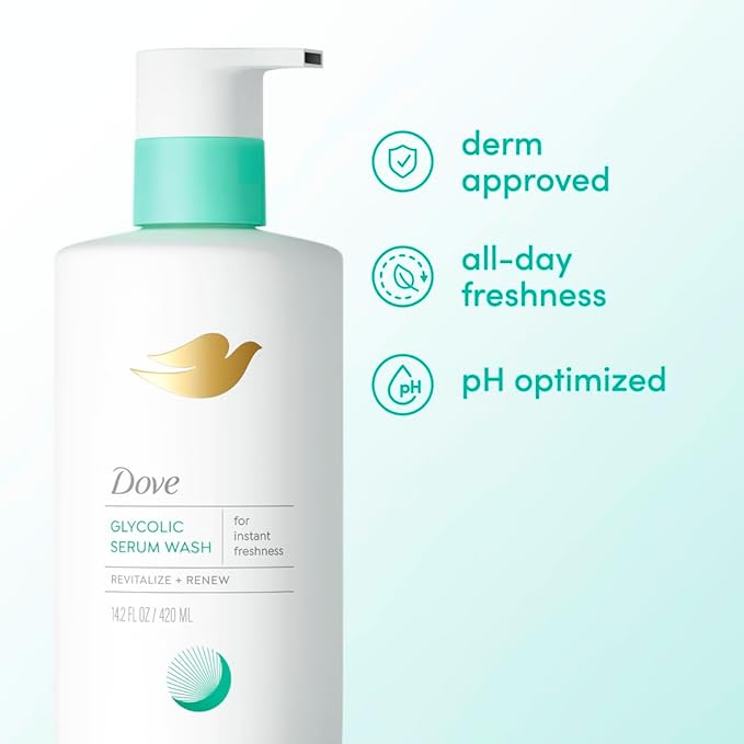 Dove Glycolic Serum Body Wash for Women - pH Optimized Feminine Wash For Skin Renewal & Odor Control, 14.2 oz