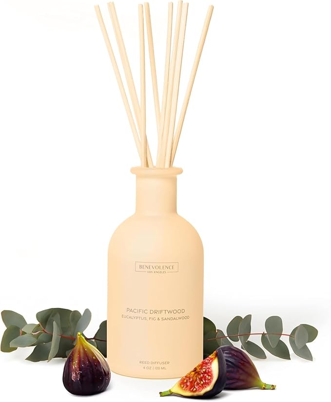 Benevolence LA Reed Diffuser for Home | Eucalyptus, Fig & Sandalwood | Elegant Home & Bathroom Decor | Fragrance Diffuser with Sticks for Bathroom - Malibu Sands Collection