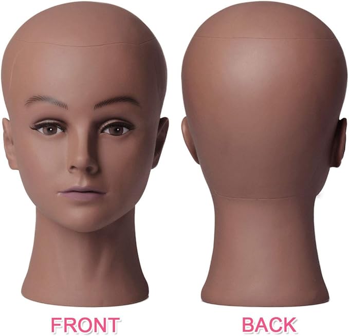 Bald Female Mannequin Head with Eyelash Training Head Wig Head Professional Cosmetology for Wig Making and Display Hat Helmet Glasses or Masks Display Head Model with Free T-Pins (Dark Brown)