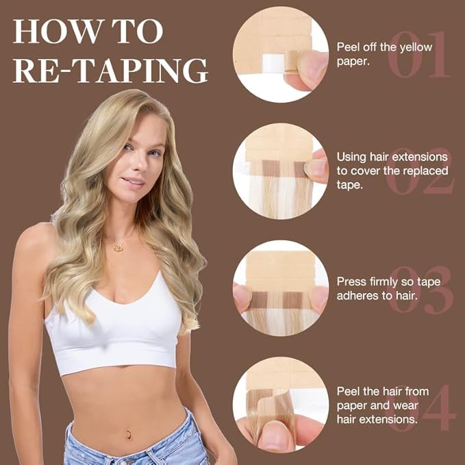 GOO GOO Tape in Hair Extensions Human Hair, 16/22 Light Blonde Highlighted Golden Blonde, 18inch 100g 40pcs, Skin Weft Seamless Invisible, Silky Straight with Thick Ends, Remy Human Hair