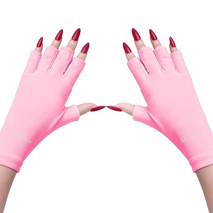 MelodySusie UV Gloves for Gel Nail Lamp, Professional UPF50+ UV Protection Gloves for Manicures, Nail Art Skin Care Fingerless Anti UV Glove Protect Hands from UV Harm (Pink)