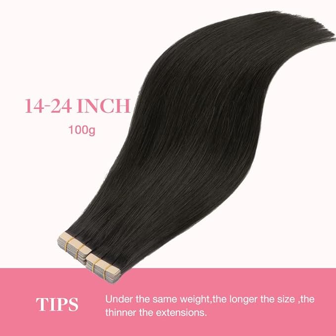 GOO GOO Tape in Hair Extensions Human Hair, 1B Natural black, 22inch 100g 40pcs, Skin Weft Seamless Invisible, Silky Straight with Thick Ends, Remy Human Hair