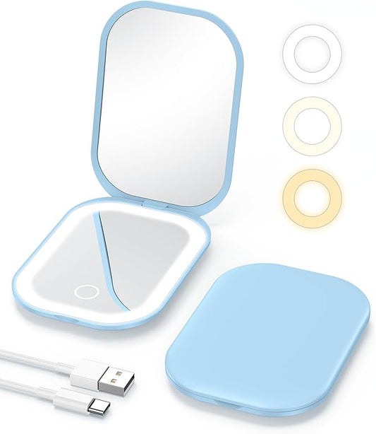 Gospire Lighted Travel Makeup Mirror with Light and Magnification 1X/3X, Stepless Dimming and 3 Color Adjustable Lights, Rechargeable Battery and Compact Size for Purse and Portable Use - Blue