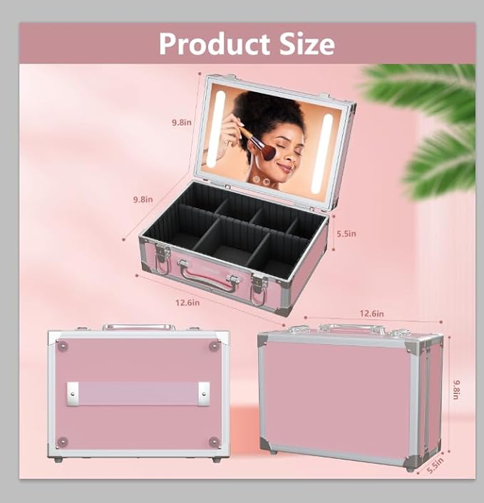 Travel Makeup Case with LED Mirror - Hard Shell Pink Travel Makeup Bag with Mirror - Portable Makeup Organizer with Mirror, Vanity Case for Cosmetics, Adjustable Divider
