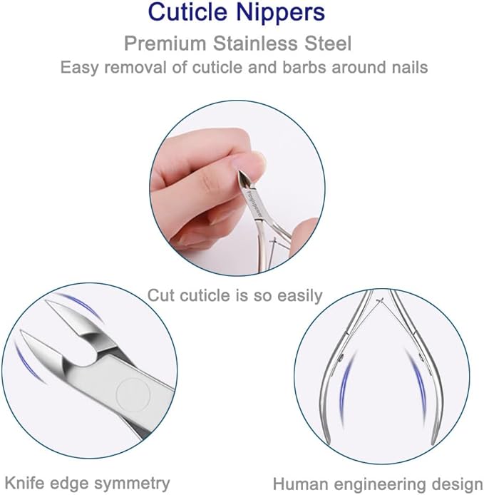 7PCS Professional Cuticle Nippers with Cuticle Pusher Set, Stainless Steel Cuticle Trimmer and Nail File for Women Fingernail Manicure Tools Kit at Home Salon