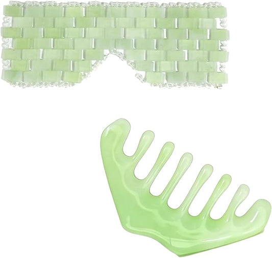 2 Pcs Jade Eye Mask & Scalp Massager Comb Set, Green Jade Stone Gua Sha Scalp Massager Tools, Facial Cooling & Head Spa Fit Relaxation Puffiness Relief