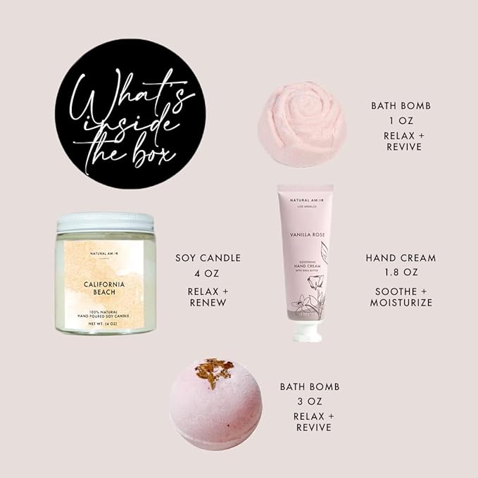 Natural Amor Relaxation Spa Gift Set for Women, 5 Piece Bath & Body Box with Candle, Hand Cream, Bath Bombs & Headband, Self Care Gift for Her