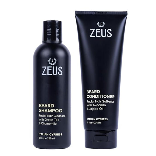 ZEUS Beard Wash Set for Men, Shampoo & Conditioner Duo with Green Tea, Chamomile & Essential Oils to Hydrates, Softens & Strengthens Facial Hair and Skin (Made in USA) Italian Cypress