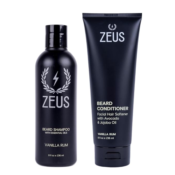 ZEUS Beard Wash Set for Men, Shampoo & Conditioner Duo with Green Tea & Essential Oils, Hydrates, Softens & Strengthens Beard Hair (Made in USA) Vanilla Rum