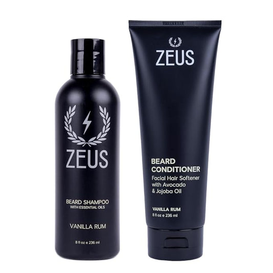 ZEUS Beard Wash Set for Men, Shampoo & Conditioner Duo with Green Tea & Essential Oils, Hydrates, Softens & Strengthens Beard Hair (Made in USA) Vanilla Rum