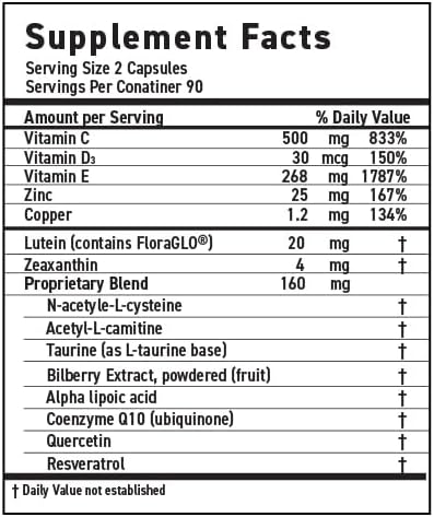 MaxiVision® Ocular Formula - AREDS2 - Eye Vitamins & Multivitamin - Lutein and Zeaxanthin (180 Capsules, 1 Bottle)