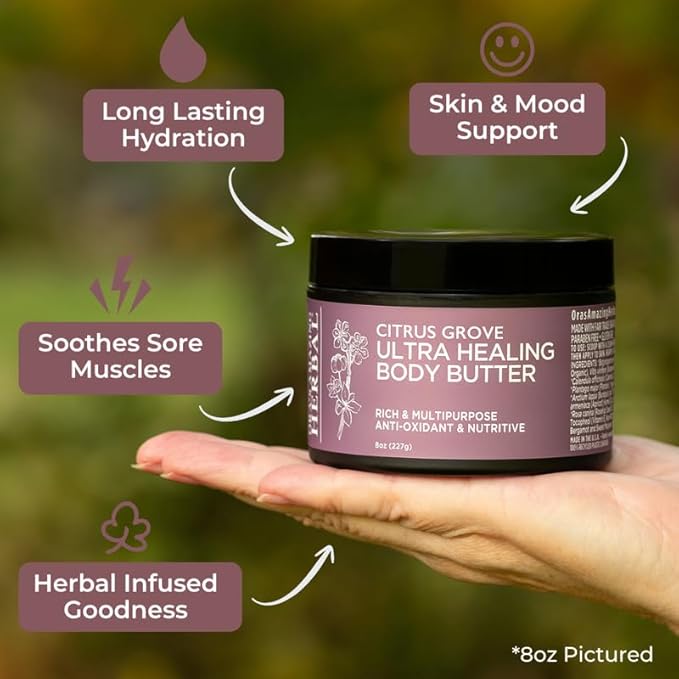 Ora's Amazing Herbal Ultra Healing Body Butter, Intensive Moisturizer For Dry Skin, Marjoram & Bergamot Essential Oil, 8 oz, Citrus Grove Scent