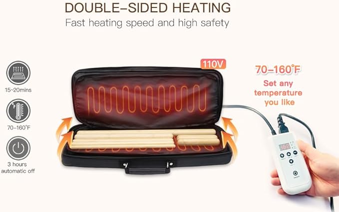 Portable Massage Stone Warmer with Car Adaptor Electric Spa Bamboo Massage Sticks Set Hot Bamboo Massage Set - Hot Massage Stone Warmer Double-Sided Heating-Temp Controller - Bigger Heater