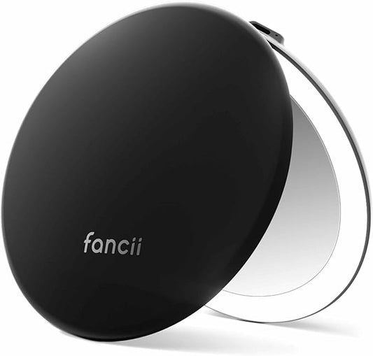 Fancii Taylor LED Lighted Travel Makeup Mirror, Rechargeable with 10x/1x Magnifying & 3 Light Settings - Compact, Portable, Large 5” Wide Hand Mirror for Handbag and Purses (Black)