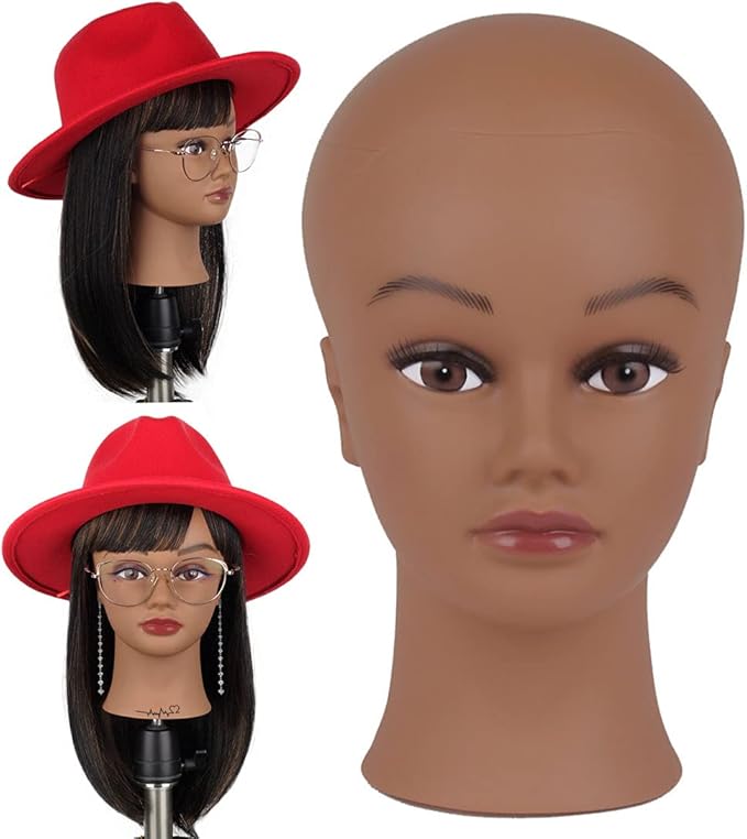 Bald Mannequin Head with Eyelash Female Wig Head Professional Cosmetology for Wig Making and Display Hat Helmet Glasses or Masks Display Head Model with Free T-Pins (Dark Brown)