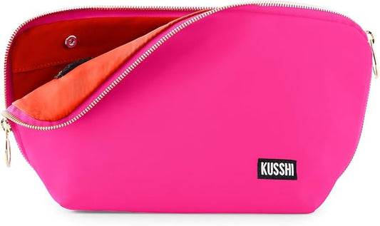 KUSSHI Washable Travel Makeup & Cosmetic Bag - Brush Organizer Sold Separately (Signature, Bubble Gum Pink/Orange)