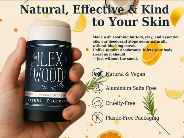 The Ilex Wood Natural Deodorant - 2.4fl oz. Handmade, Aluminum Salt Free, Plastic Free, Cruelty and Alcohol Free, Vegan, Eco Friendly Cardboard Tube - Gentle Citrus Oils, Sodium Bicarbonate Free.