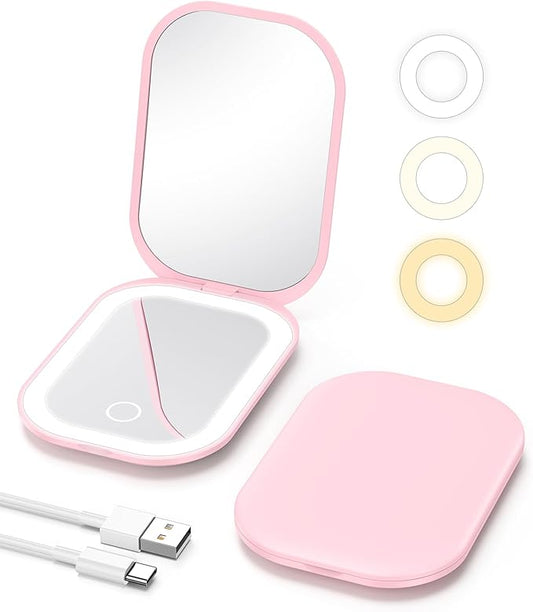 Gospire Lighted Travel Makeup Mirror with Light and Magnification 1X/3X, Stepless Dimming and Three-Color Adjustable Lights, Rechargeable Battery and Compact Size for Purse and Portable Use - Pink