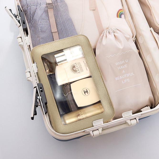 LETGO Clear Makeup Bags, TSA Approved Toiletry Bag with Zipper, Clear Makeup Organizer Fit Carry-on Travel Essentials,Clear Cosmetic Bags for Women Men (C-Gold)