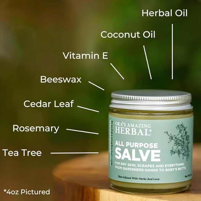 Ora's Amazing Herbal All Purpose Salve, Natural Healing Ointment, Tea Tree Oil Skin Balm, Comfrey Calendula Thyme Plantain, Hand Salve, Rash Cream, Dry Skin Repair, Itch Relief, 1 oz Glass Jar