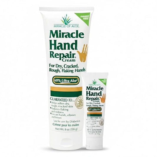 Miracle Hand Repair Cream for Dry Cracked Hands (8 oz & 1 oz) Best Healing Hand Cream with 60% Aloe Vera - Non-Greasy Moisturizer for Working Hands - Fast Absorbing Lotion for Extremely Dry Skin