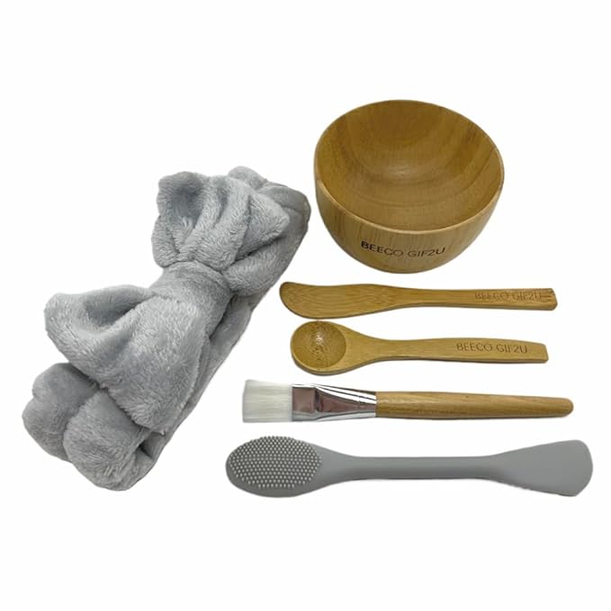 Skincare Face Mask Mixing Bowl Set 6 Pack,Makeup Skin Care Products for Clay Mask,Home DIY Beauty & Personal Care Tools Kit Bamboo Bowl,Spatula,Spoon,Brush,Silicone Applicator,Headband