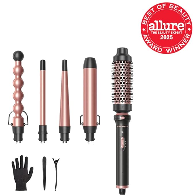 Wavytalk 5 in 1 Curling Wand Set, Multi Curl, Curling Wand Set with Thermal Brush and 4 Interchangeable Ceramic Curling Wand(0.5”-1.25”), Instant Heat Up Wand Curling Iron (Rose Gold) (Pack of 2)