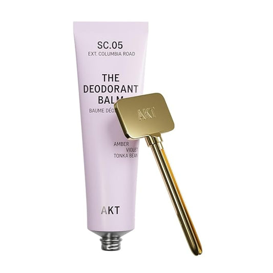 AKT, THE DEODORANT BALM. Award winning, multi-use, natural deodorant. Plastic Free. Gender Free. Aluminium Free. 100% effective — 1 tube lasts up to 3 months. SC.05 COLUMBIA ROAD 50ml/1.76 FL.OZ