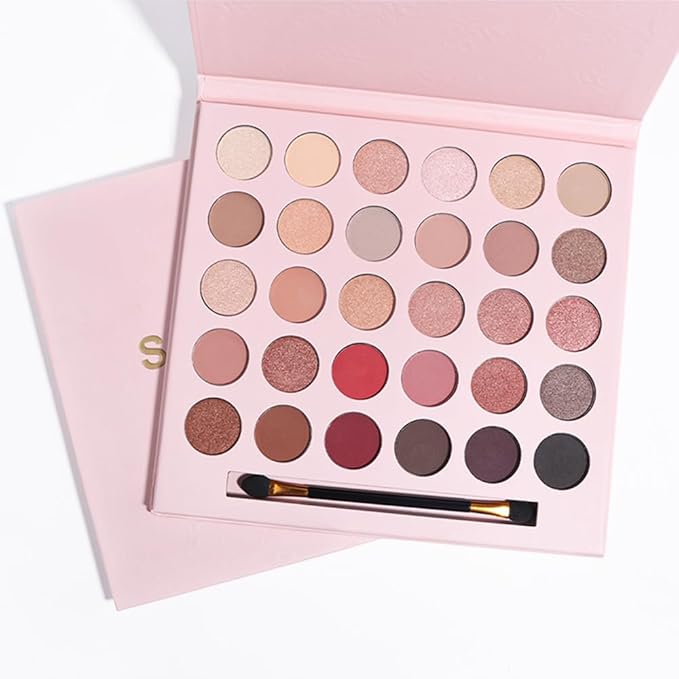 SUAKE 30 Colors Nude Champagne Gold Matte Shimmer Eyeshadow Palette with Brush for Eye Makeup,High Pigmented Pink Purple Brown Eye Shadow Primers Powder Palet de sombras de ojos-Big30