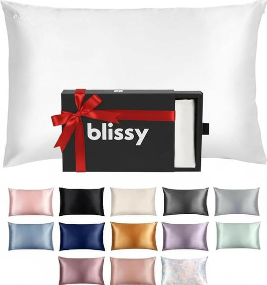 Blissy Silk Pillowcase - 100% Pure Mulberry Silk - 22 Momme 6A High-Grade Fibers - Silk Pillow Cover for Hair & Skin - Regular, Queen & King (Blissy White, Queen)