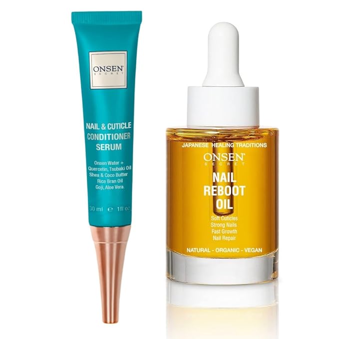 Onsen Secret Nail Reboot Duo - Treatment for Damaged Nails - Natural Nail Care & Cuticle Repair - Visible Results For Perfect Nails, Cuticle Conditioner Cream 30ml & Nail Reboot Oil 35ml