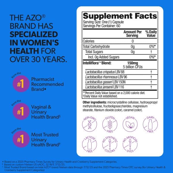 AZO Complete Feminine Balance Daily Vaginal Probiotics for Women, Clinically Proven to Help Protect Vaginal Health, Helps balance pH and yeast, 60 Count