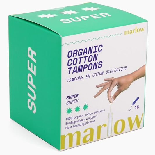 Marlow 100% Organic Cotton Easy Glide Tampons with Compact Plant Based BPA Free Applicator, Chlorine Free, Toxin Free, Hypoallergenic, Dermatologically Tested, Fragrance Free, Super, 18 Count