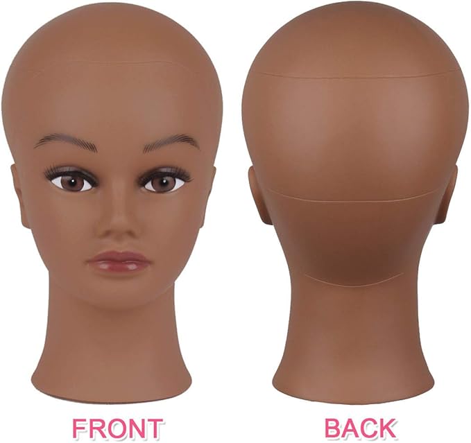 Bald Mannequin Head with Eyelash Female Wig Head Professional Cosmetology for Wig Making and Display Hat Helmet Glasses or Masks Display Head Model with Free T-Pins (Dark Brown)