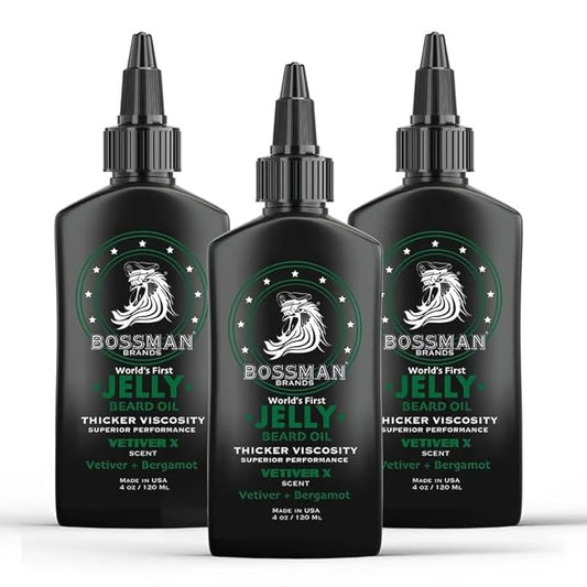 Bossman Jelly Beard Oil for Men - 3 Pack (12 oz in Total, Vetiver X Scent) – Softens, Moisturizes & Conditions with Natural Ingredients