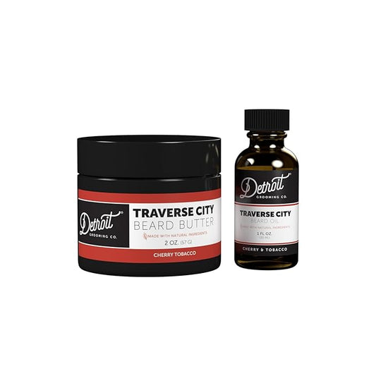 Detroit Grooming Co. Beard Oil & Beard Butter Bundle – Traverse City (Cherry & Tobacco Scent) – Beard Hydration Set with Vitamin E & Sunflower Oil