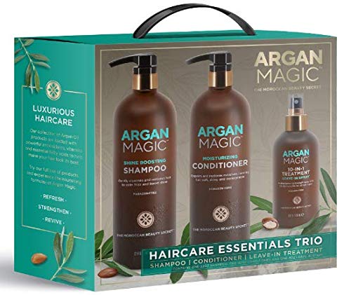 ARGAN MAGIC Hair Care Essentials Trio - Shine Boosting Shampoo | Moisturizing Conditioner | 10 in 1 Leave in Spray | Restores Shine & Elasticity | Hydrates | Detangles | Made in USA (32 oz / 8 oz)