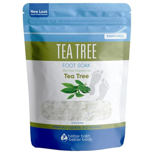 Tea Tree Foot Soak 32 Ounces (2 Lbs) USP Grade Epsom Salt with Natural Tea Tree Essential Oil Plus Vitamin C in BPA Free Pouch with Easy Press Lock Seal Made in USA DIY Home Spa Foot Care