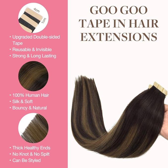 GOO GOO Tape in Hair Extensions Human Hair, 2/6/2 Balayage Dark Brown to Chestnut Brown, 16inch 25g 10pcs, Skin Weft Seamless Invisible, Silky Straight with Thick Ends, Remy Human Hair