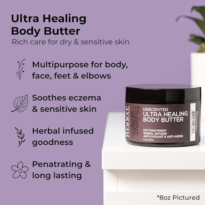 Ora's Amazing Herbal Ultra Healing Body Butter, Intensive Unscented Moisturizer For Dry Skin, Fragrance Free Skin Cream, 8 oz Large