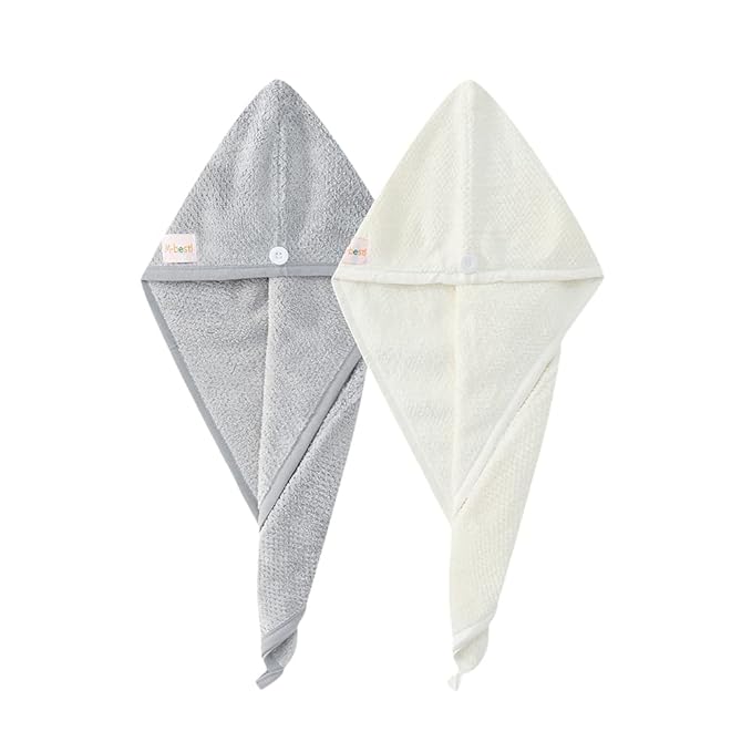2 Pack Hair Towel Wrap,Absobent Hair Drying Towel with Buttons, Microfiber Hair Towel Wrap to Dry Hair Quickly (Beige&Gray)