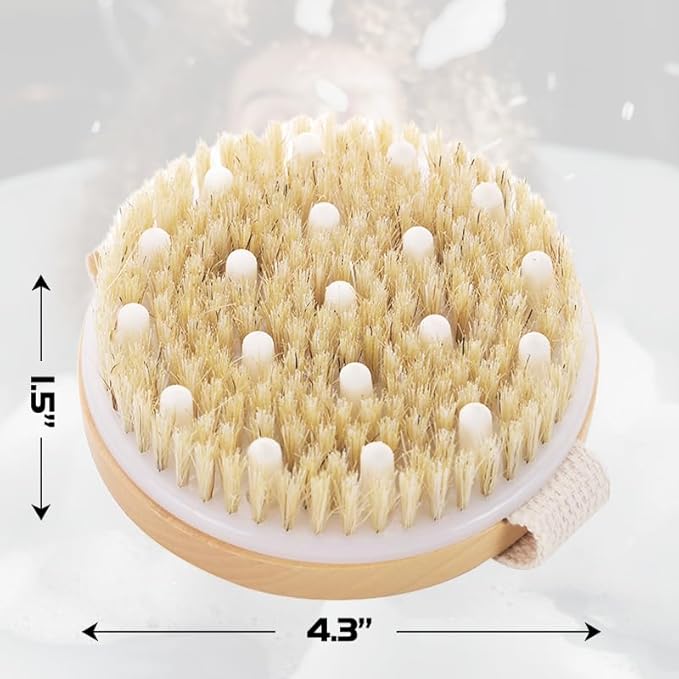 Bamboo Dry Body Brush Back Scrubber for Shower Handheld Bath Massage Brushes with Silicone Nodes Natural Bristle Brushing Exfoliator