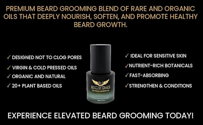 FULL OF GRACE Premium Beard Oil, Organic And Natural, With 22 Ingredients Including Argan, Jojoba, Abyssinian To Condition, Hydrate Beard And Moisturize Facial Skin | Fragrance: Oud | 30ml/1 fl oz