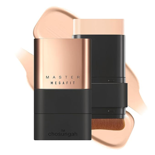 CHOSUNGAH BEAUTY Mega Fit Master Glow Stick Foundation with Brush, 120H Long Lasting Radiant Coverage, All-in-One Stick for Easy Application, K-Beauty, Shade 21, 0.56oz (01 Light Beige)