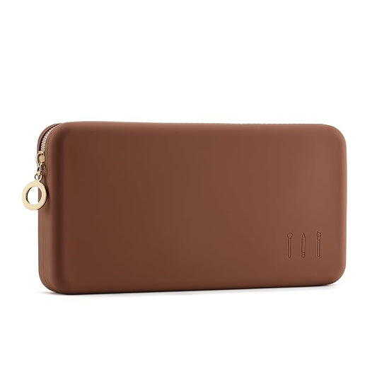FVION Zipper Makeup Brushes Bag For Travel, Large Silicone Makeup Brush Holder, Make Up Brushes Pouch Case for Makeup Tools - Brown