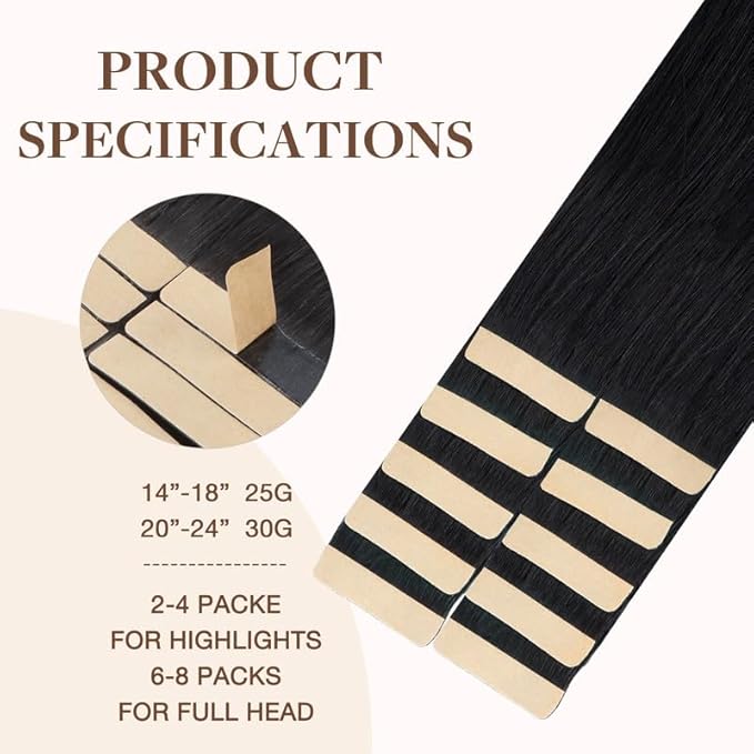 GOO GOO Tape in Hair Extensions Human Hair, 1B Natural black, 14inch 25g 10pcs, Skin Weft Seamless Invisible, Silky Straight with Thick Ends, Remy Human Hair