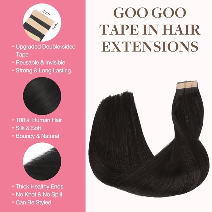 GOO GOO Tape in Hair Extensions Human Hair, 1B Natural black, 22inch 100g 40pcs, Skin Weft Seamless Invisible, Silky Straight with Thick Ends, Remy Human Hair