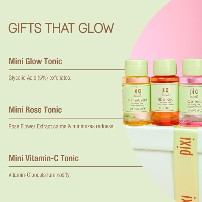 Pixi Beauty Tonic Trio | Holiday Edition Gift Set with 3 Pixi Favorite Tonics | Glow Tonic, Vitamin- C Tonic, Rose Tonic | Calming, Hydrating, Gentle Exfoliating and Smoothing