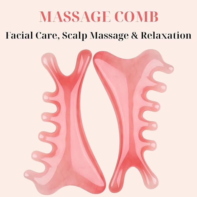 Pink Gua Sha & Massage Comb Set – Massage Tool for Neck, Eye, and Head Massage – Stress Relief, Lifting, and Meridian Therapy Tool for Relaxation – Perfect Self Care Gift for Women & Men